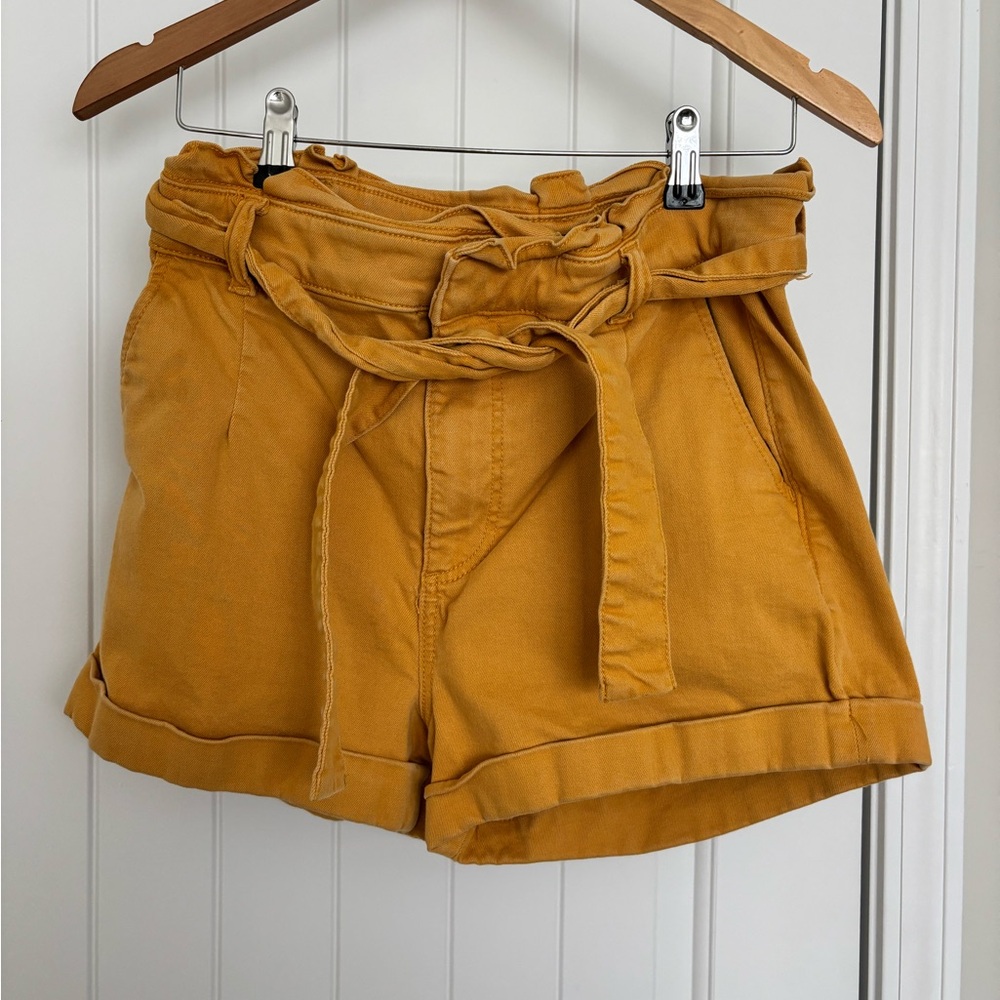 Express High-Waist Paperbag Shorts in Mustard